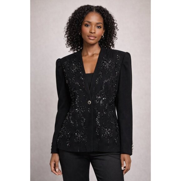 Vintage Nolan Miller Beaded Wool Blazer Jacket Black Floral Sequin Embellished S - Picture 6 of 6